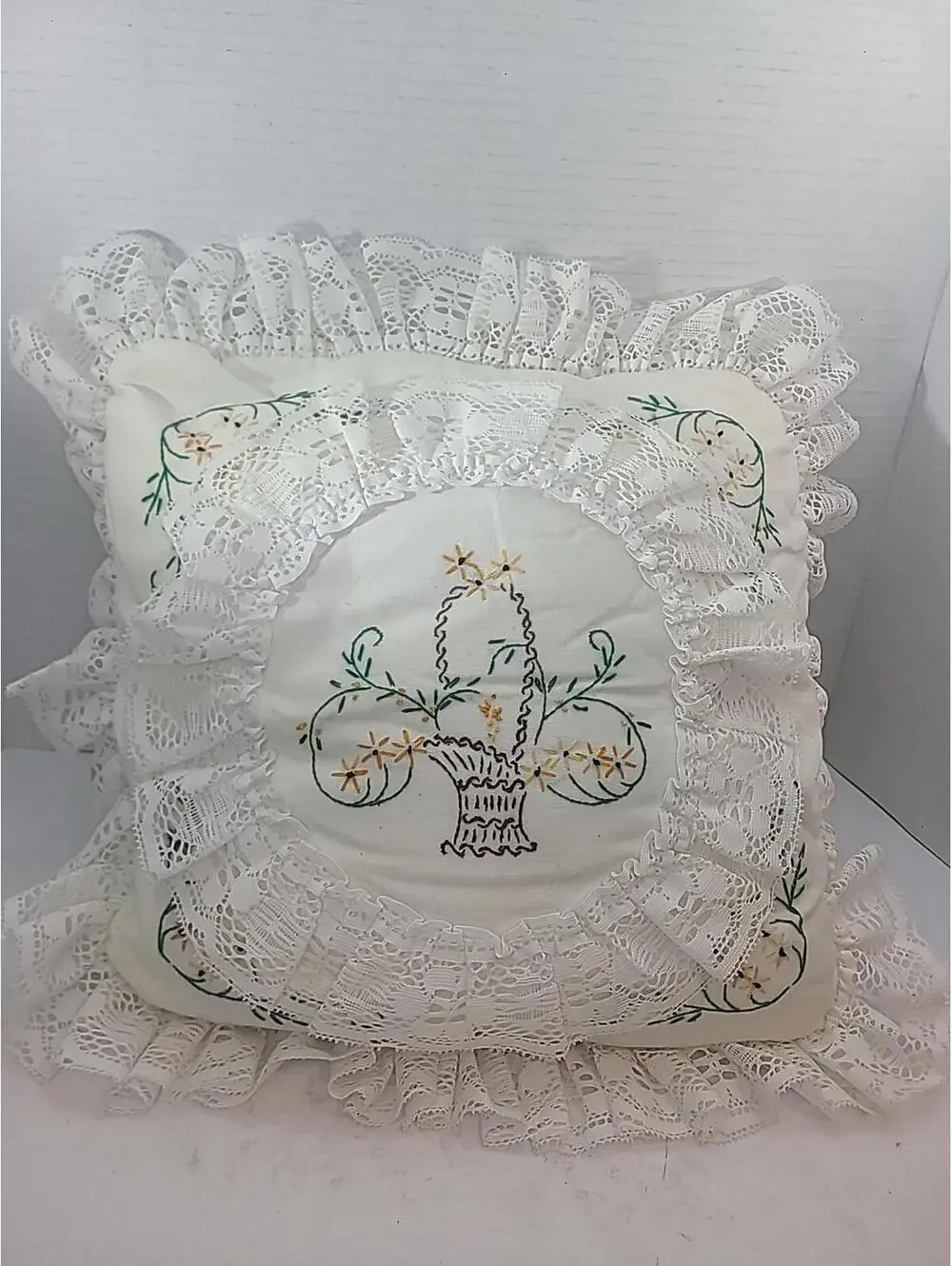 Shabby Chic Hand Stitched Embroidered Pillow With Lace Trim Cottagecore 12x12